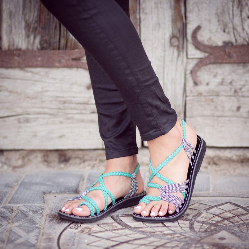 Plaka Palm Leaf Flat Summer Sandals for Women | Perfect for the Beach Walking & Dressy Occasions | Turquoise Zebra | Size 10 - Image 5